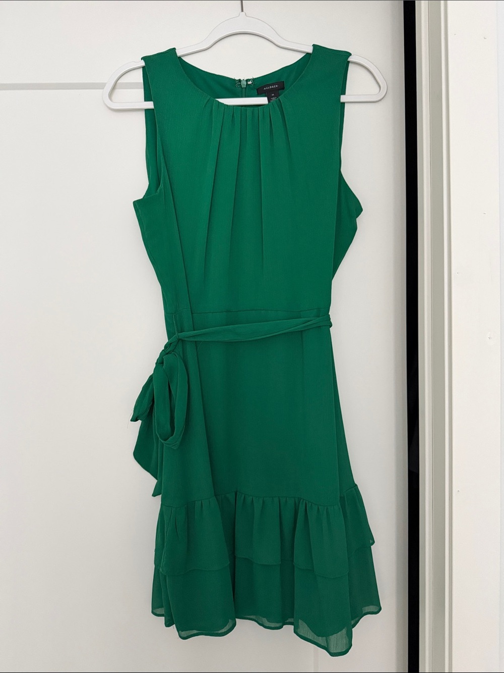 Halogen Emerald Sleeveless Ruffle-Hem Tie-Waist Dress